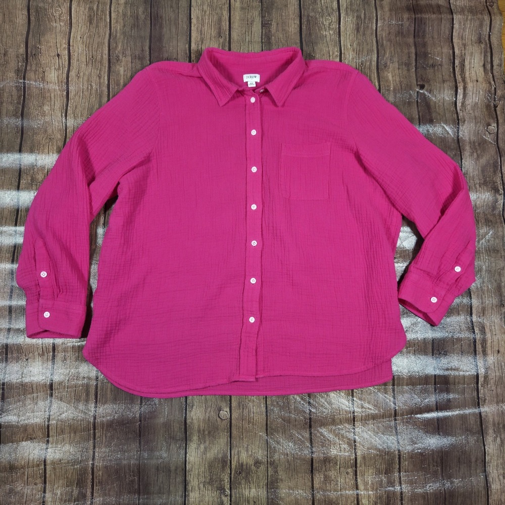 J.Crew Gauze Button Up Shirt Women 2X Hot Pink Coastal Grandmother Preppy Boho